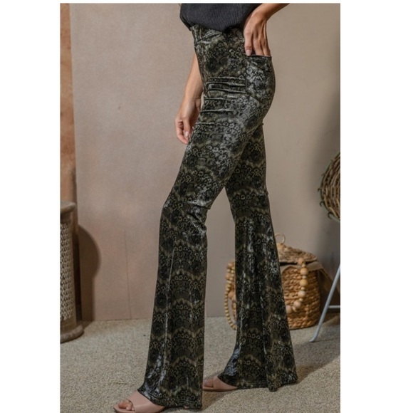 BoHo Wide Leg Flare Lace Printed Velvet Chic Pants - Picture 7 of 10